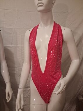 Plunging One-Piece Swimsuit in Hot Pink with Stud Detail